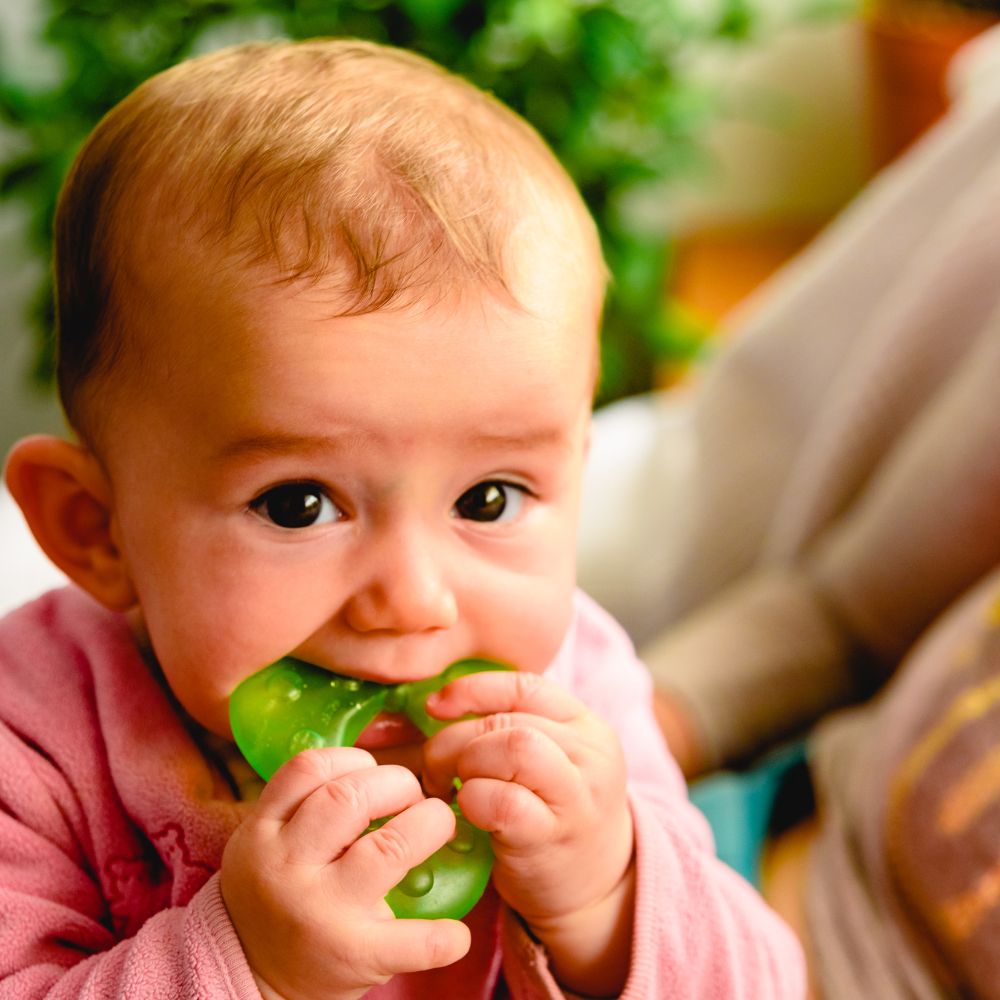 Baby chewing on teething toy.